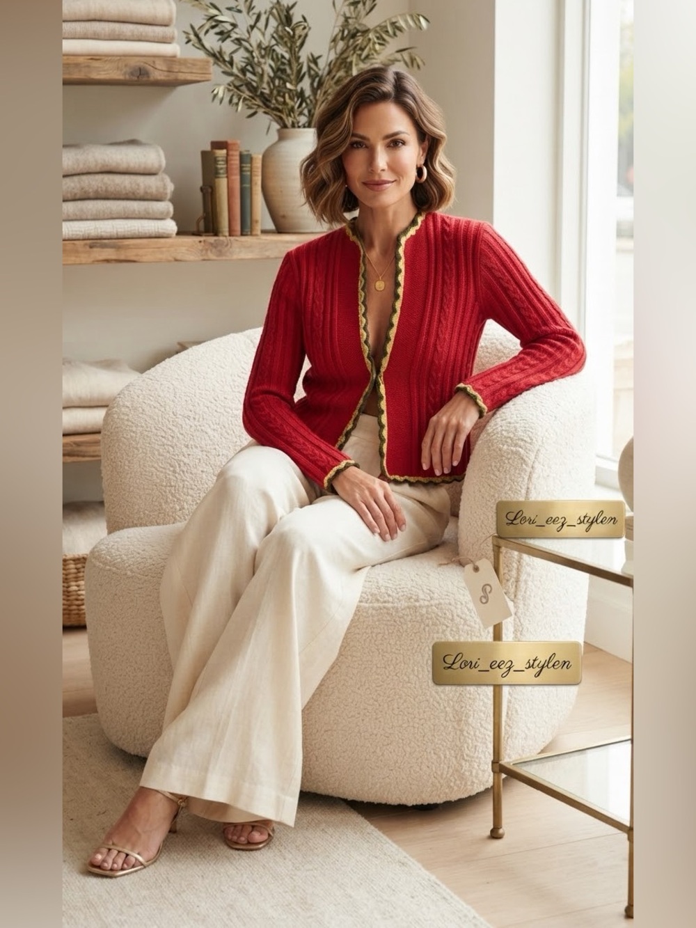 Anne Klein Red Cable-Knit Open Cardigan with Gold Trim